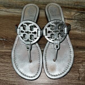Tory Burch Metallic Silver Logo Thong Sandals